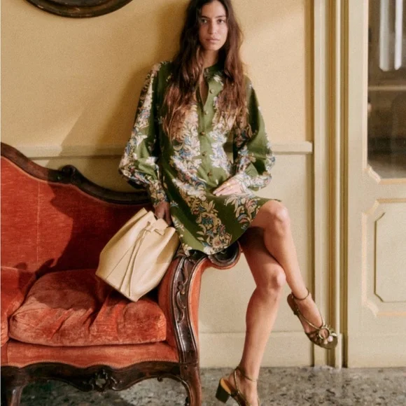 SÉZANE Caprice Dress in Olive Green Floral Border sz US 8 / FR 40 NWOT - Picture 2 of 13